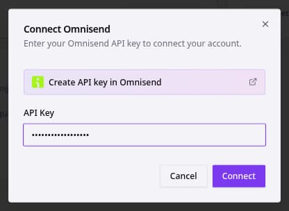 Connect Omnisend dialog with API key field.