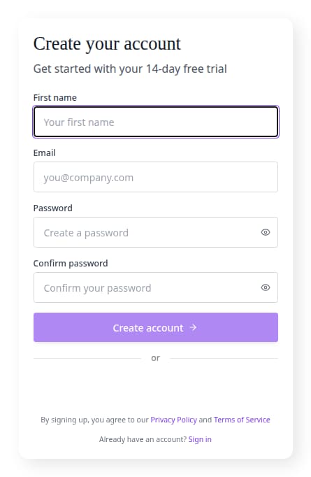 BlueBarry account creation form with first name, email, password, and create account controls.
