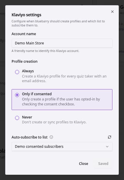 Klaviyo settings dialog with profile creation and auto-subscribe options.
