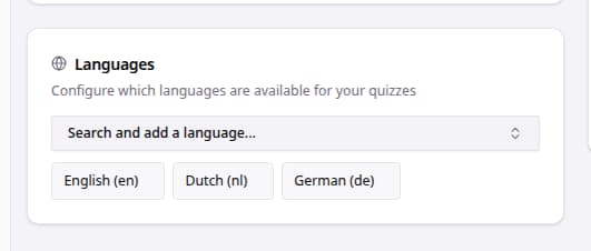 Organization settings showing available quiz languages.