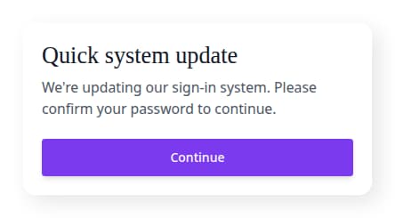 BlueBarry migration screen prompting a Microsoft sign-in user to continue the account update.