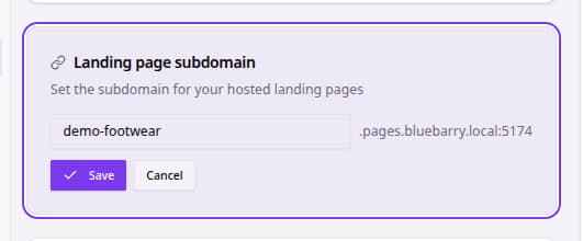 Organization settings showing the landing page subdomain input and save controls.