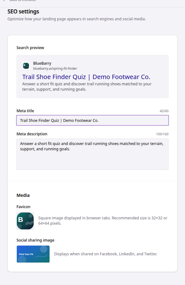 Landing page SEO settings panel with title, description, image, and slug fields.