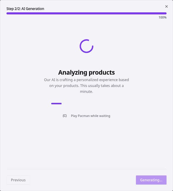 AI quiz generation screen showing a prompt and generation progress.