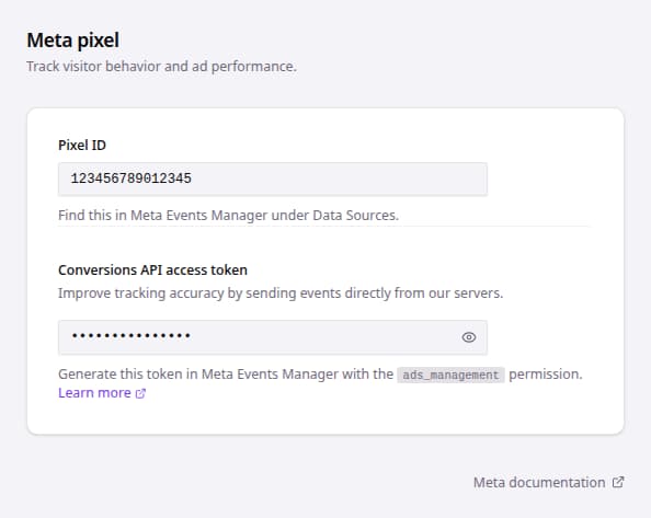 Meta pixel settings with Pixel ID and Conversions API access token fields.
