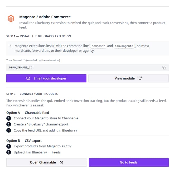 bluebarry's Magento guide with the Tenant ID, Email your developer, View module and the Channable and CSV options