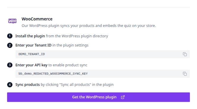 WooCommerce setup guide with plugin, tenant ID, and API key steps.