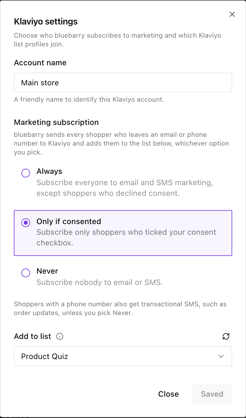 Dialog Klaviyo settings mit Account name, den Optionen Always, Only if consented und Never unter Marketing subscription sowie Add to list