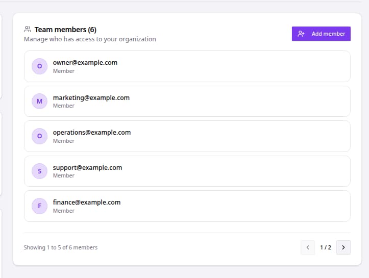 Organization settings showing team members and the Add member button.