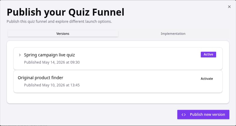 Publish dialog showing published quiz versions and the Publish new version action.