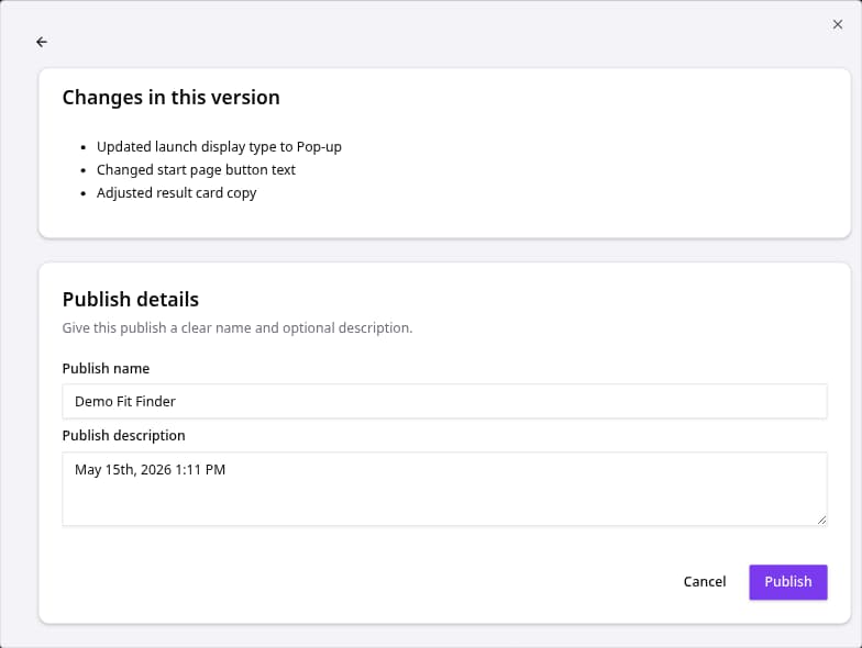 Publish dialog showing changes in this version and publish details.