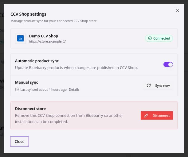 CCV Shop settings dialog with automatic product sync and Sync now controls.
