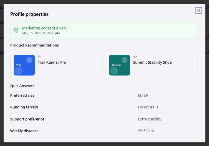Profile properties dialog with consent, product recommendations, and quiz answers.
