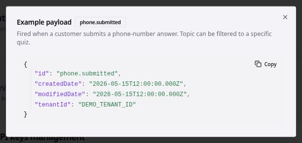Example payload dialog for a phone.submitted webhook.
