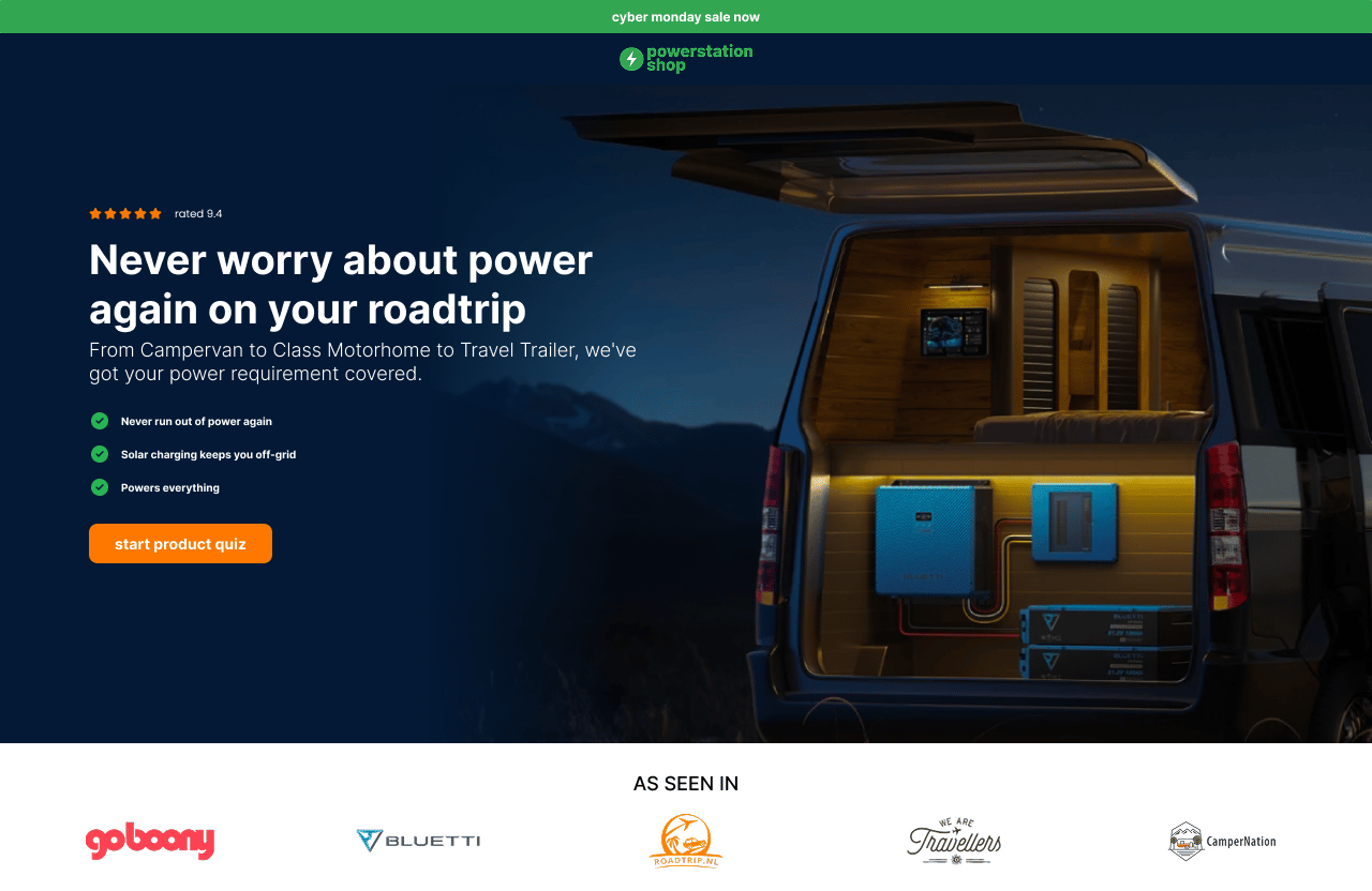 Powerstation landing page showing product quiz