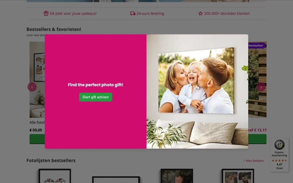 Fotocadeau gift finder quiz example popup