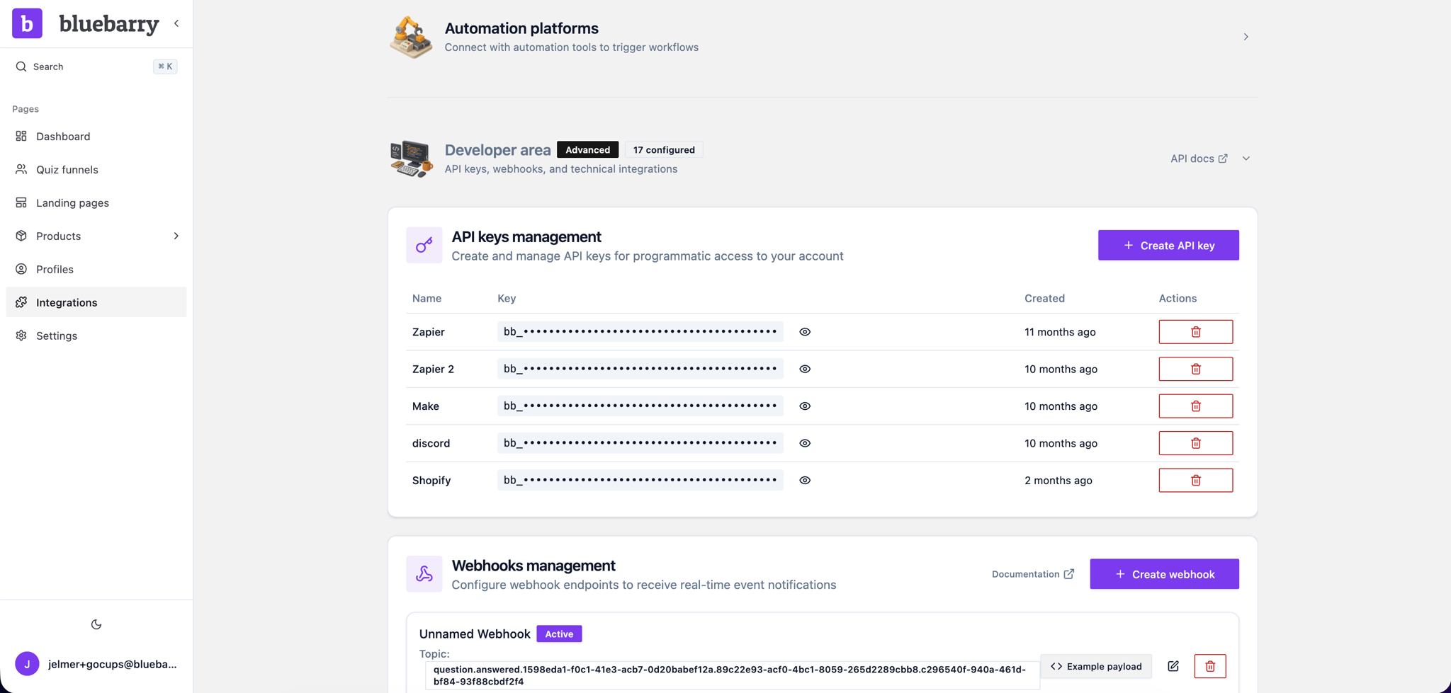 Bluebarry API key setup screen