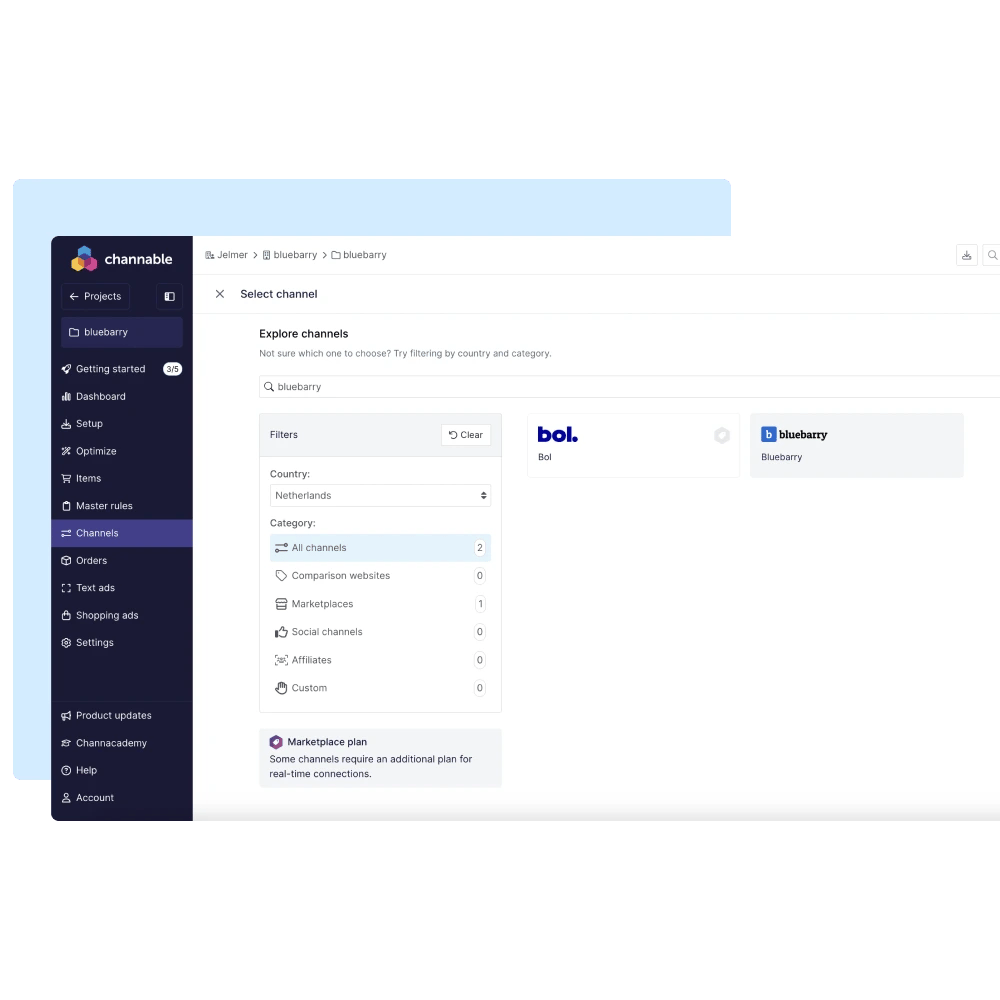 Channable bluebarry channel setup