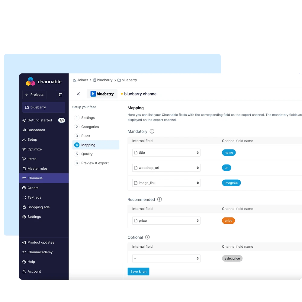 Channable bluebarry settings