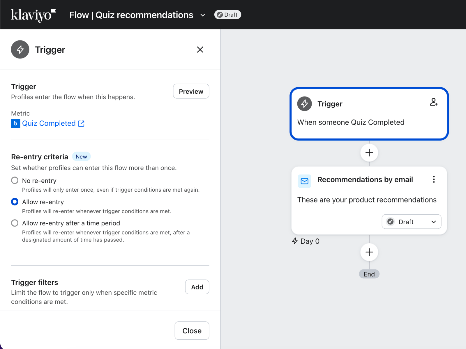 Klaviyo flow builder with Quiz Completed trigger and trigger filters