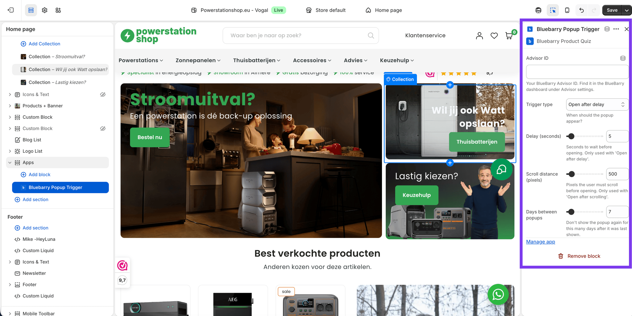 Configure popup settings for the bluebarry quiz in Shopify