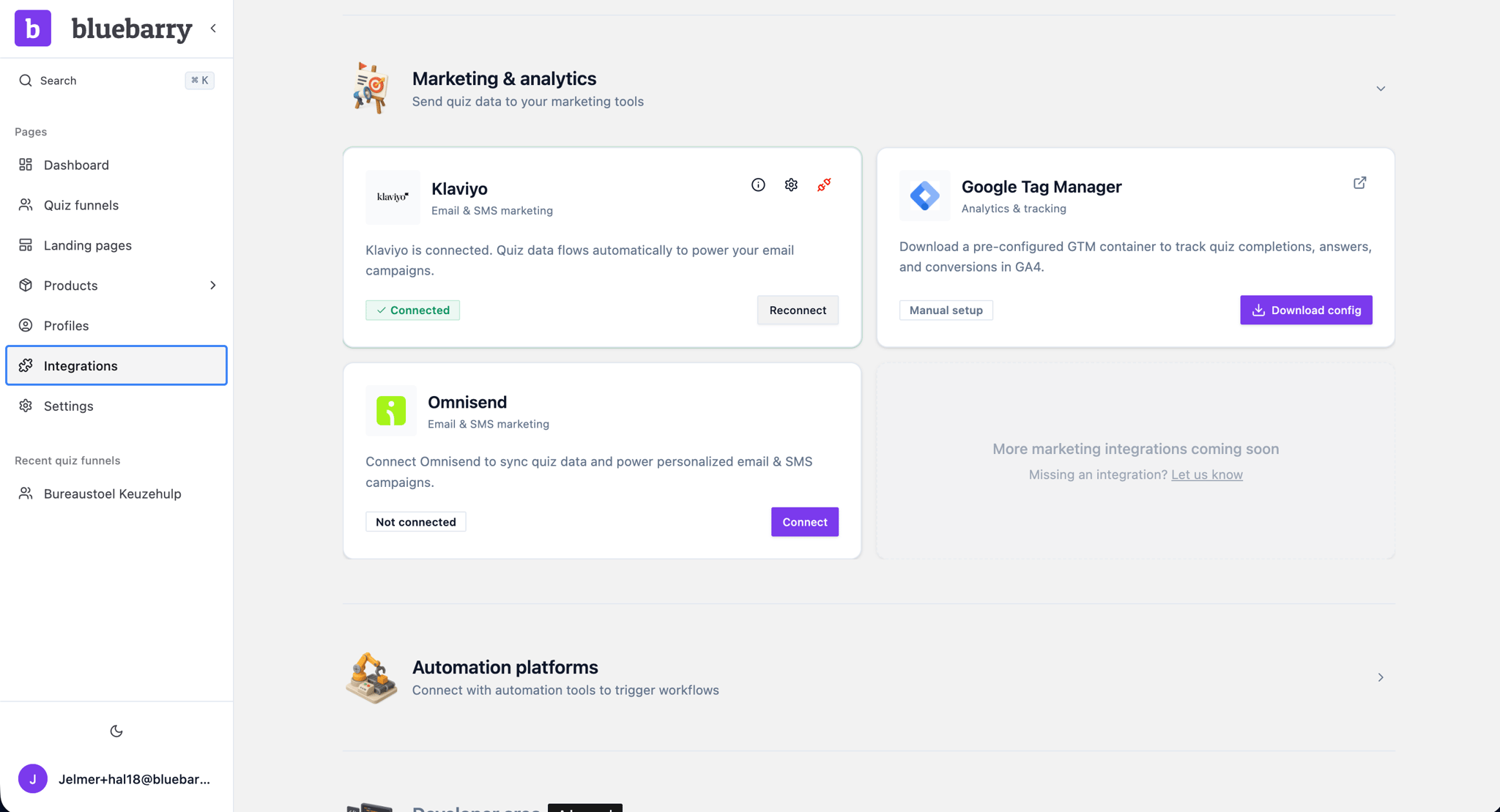 Integrations overview in bluebarry dashboard