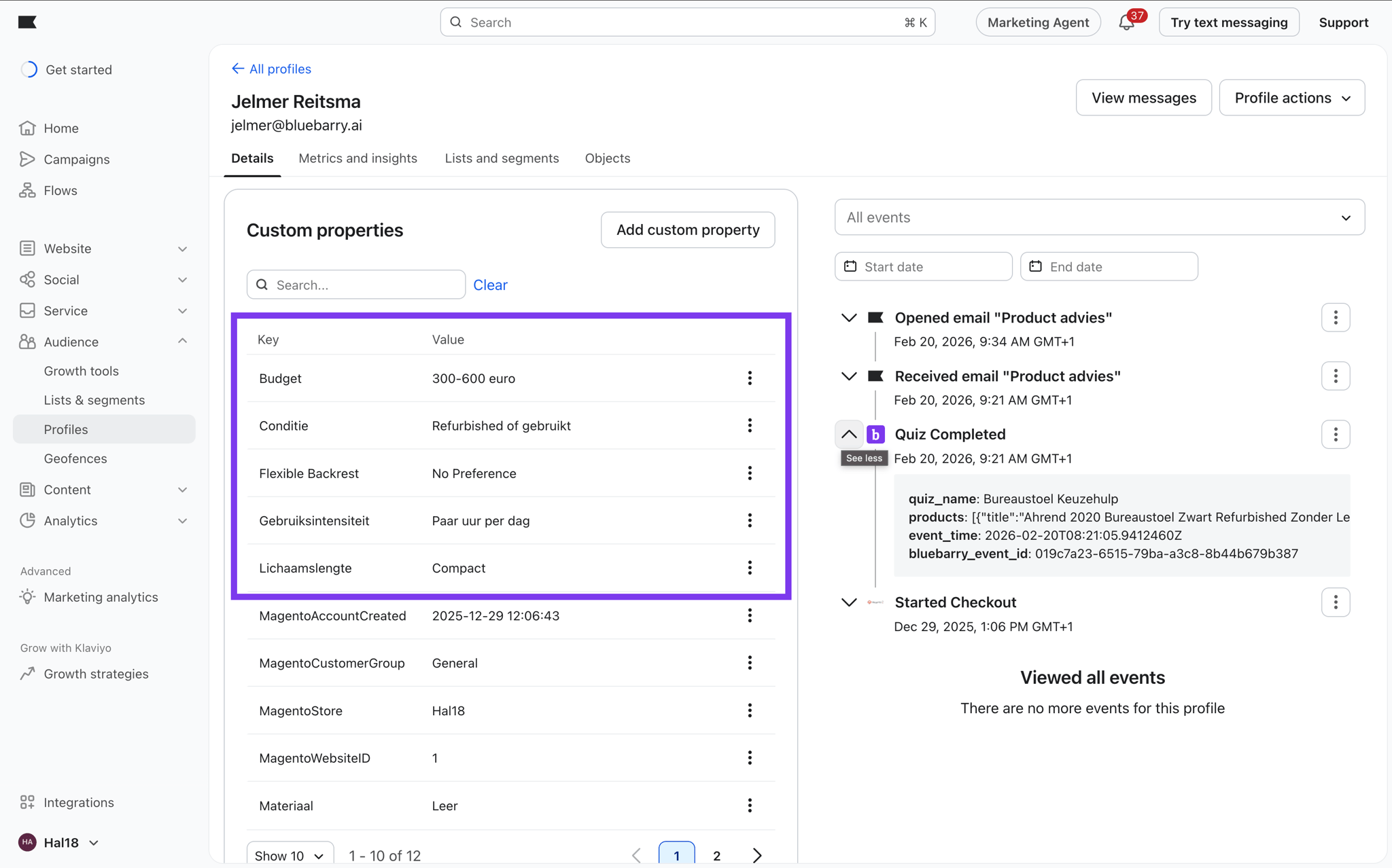 Klaviyo segment builder using bluebarry quiz profile properties