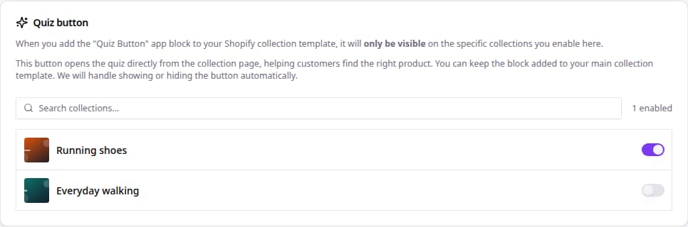 Shopify quiz button settings with an enabled collection.