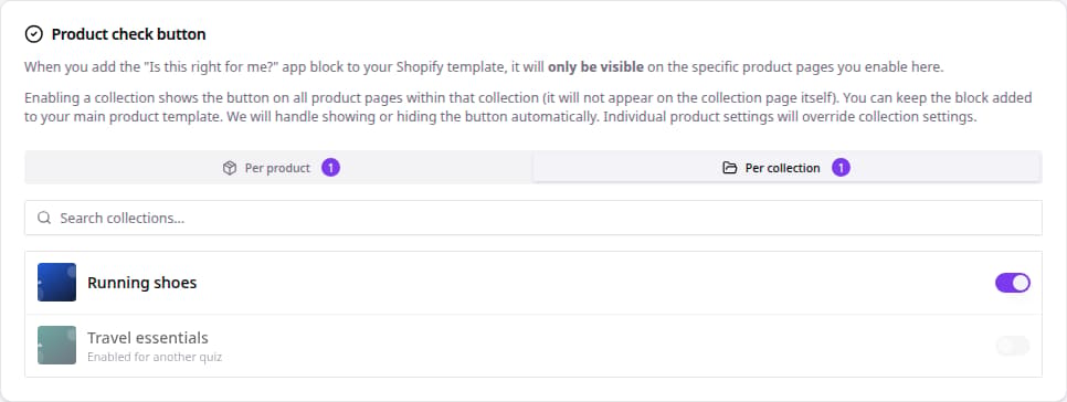 Product Check settings for Shopify product and collection targeting.