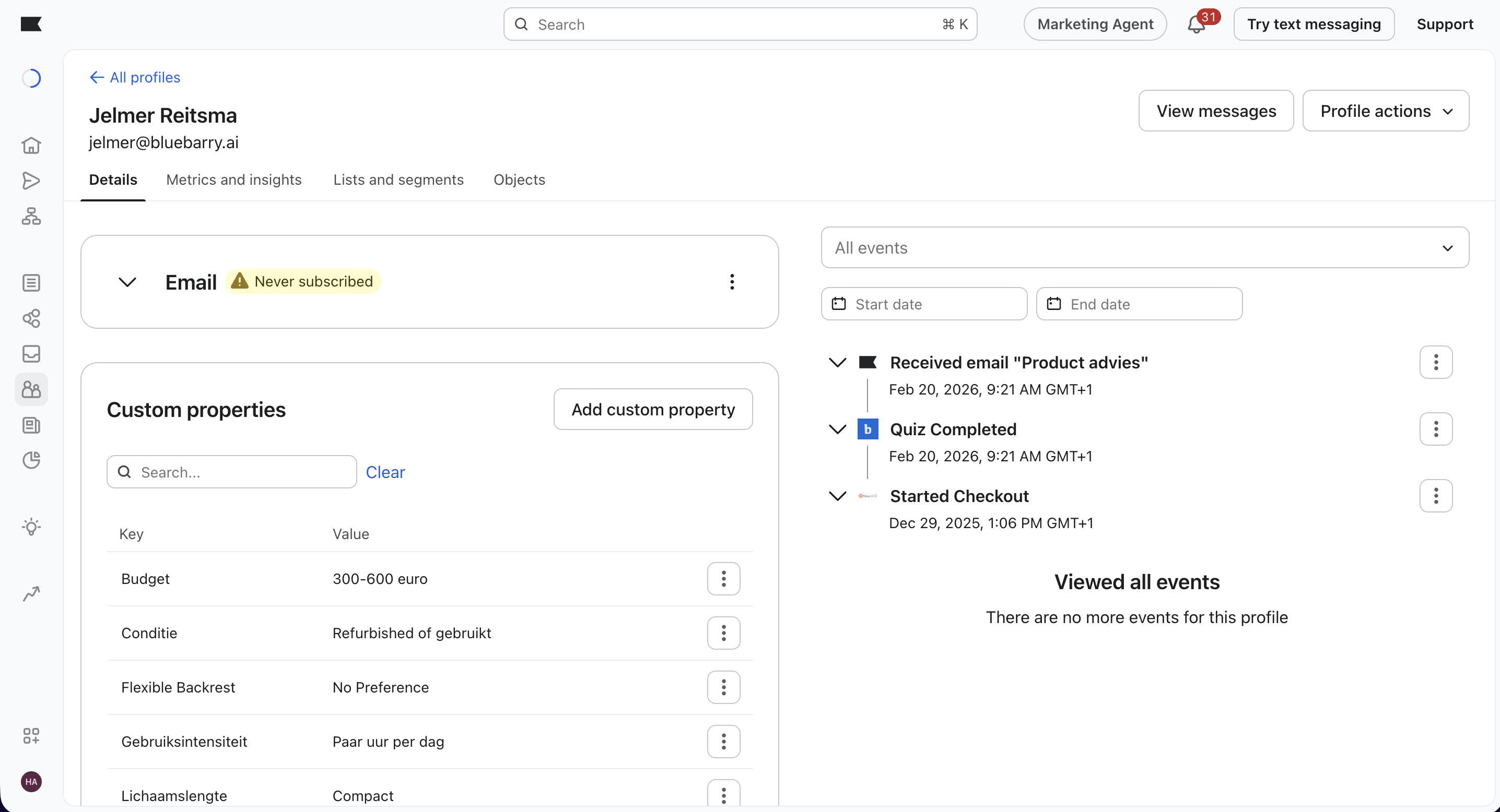 Quiz Completed event in Klaviyo profile