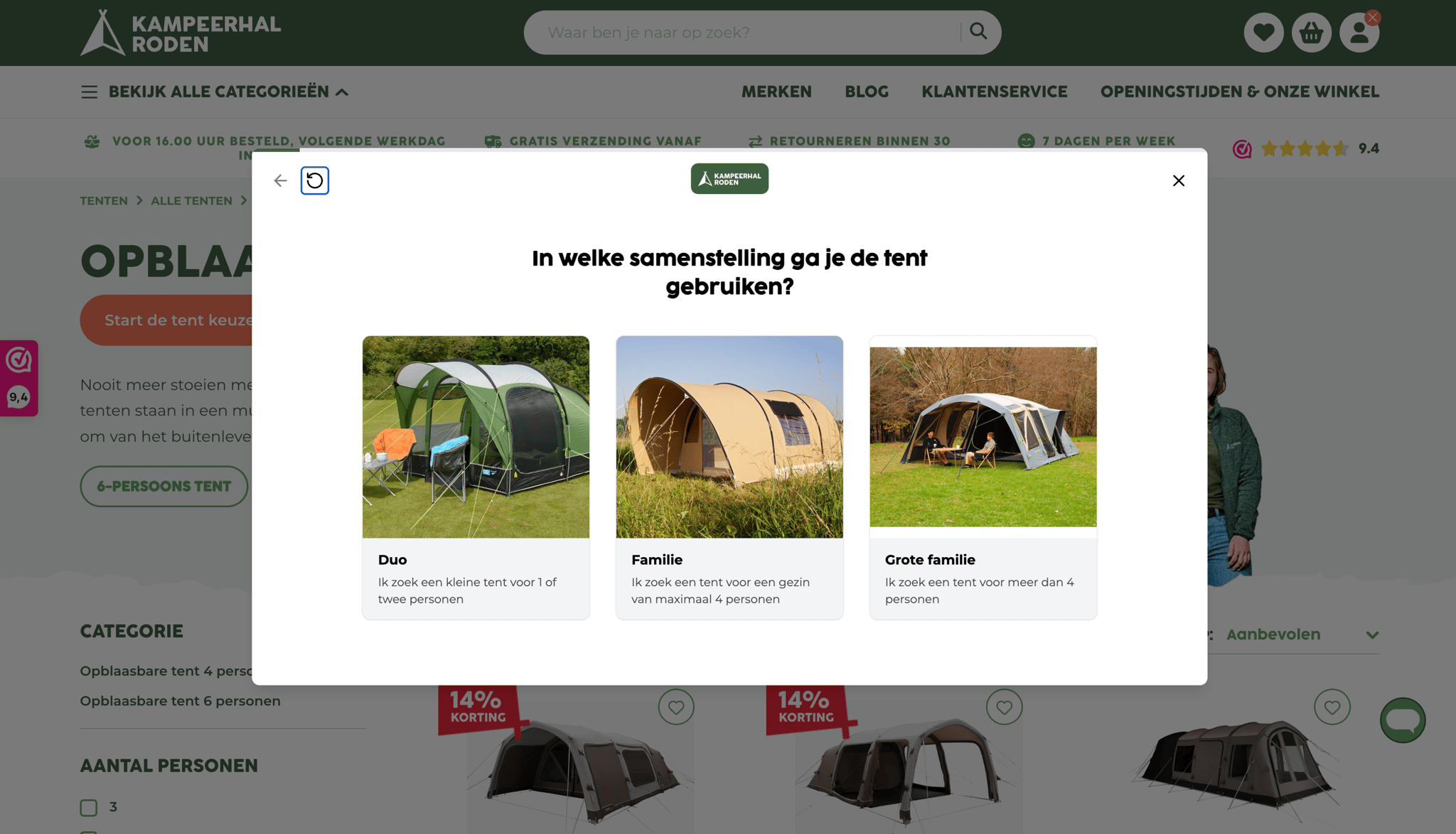 Kampeerhal Roden product finder helping shoppers choose the right tent