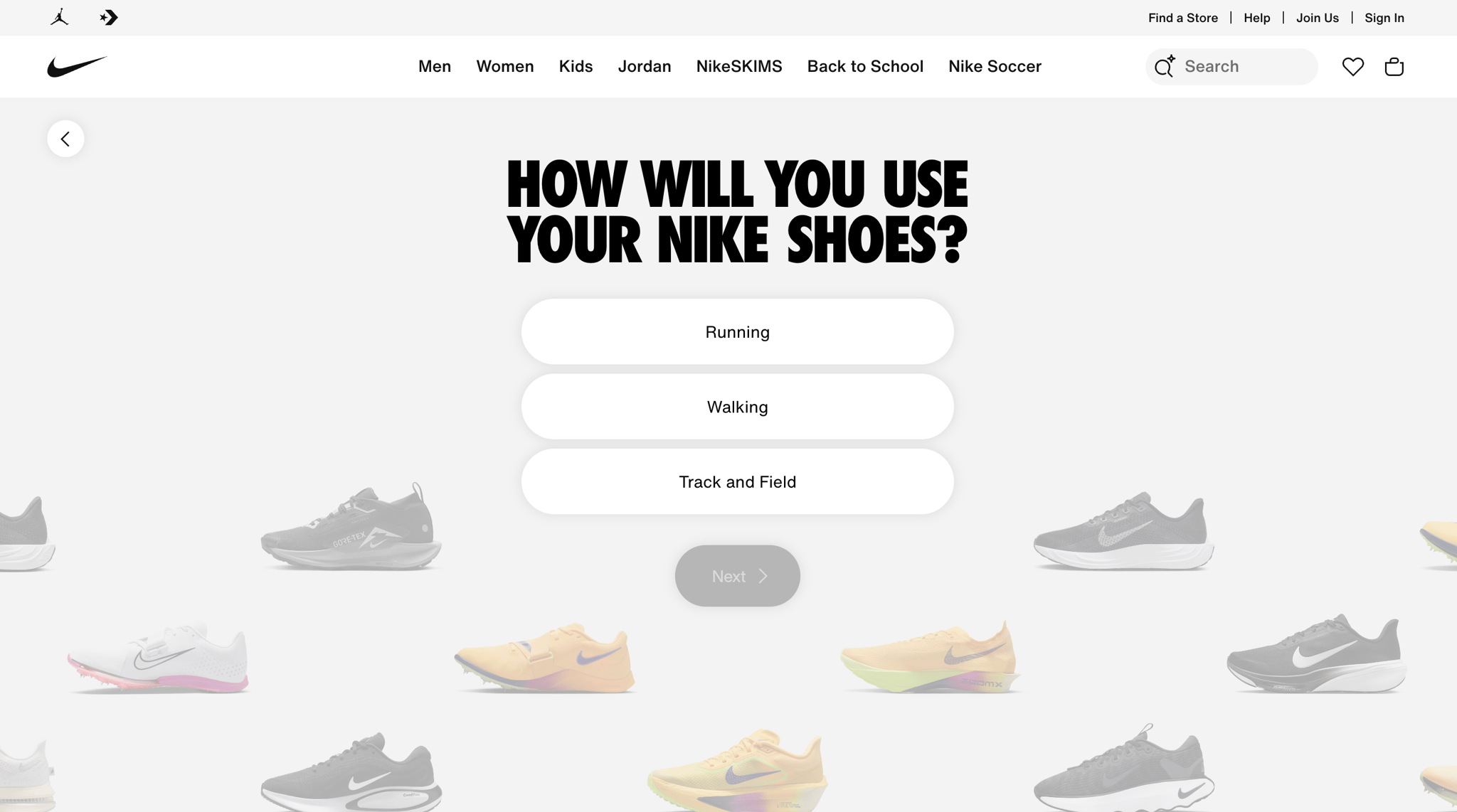 Nike shoe finder guiding shoppers to the right pair with a few questions