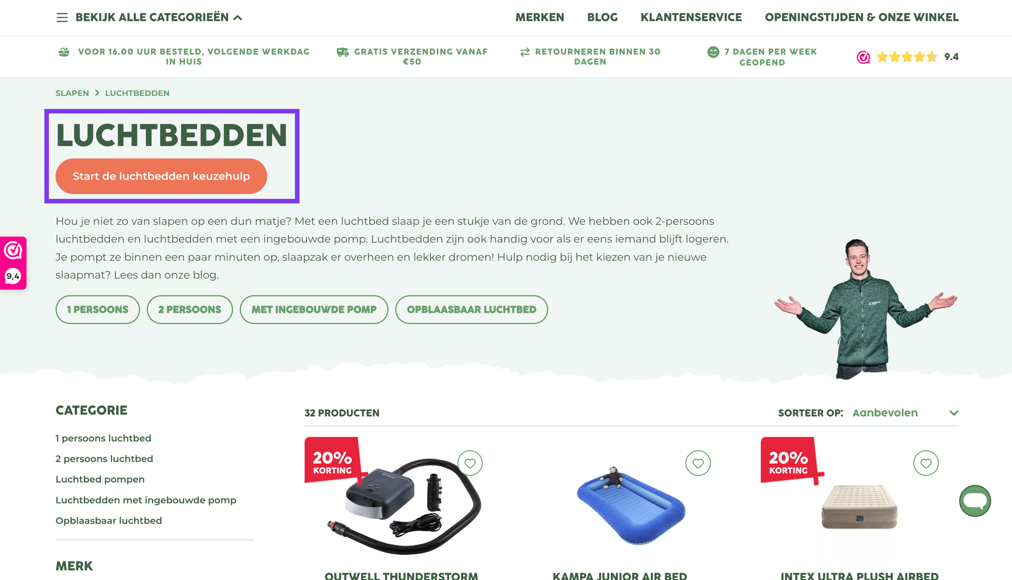 Kampeerhal Roden product finder call to action across category pages