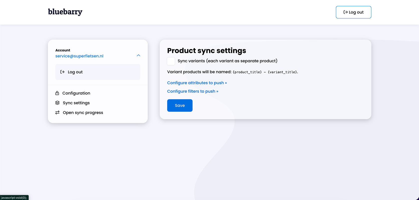 De instellingen voor productsynchronisatie in de bluebarry-app voor Lightspeed met Sync variants en de links om attributen en filters in te stellen