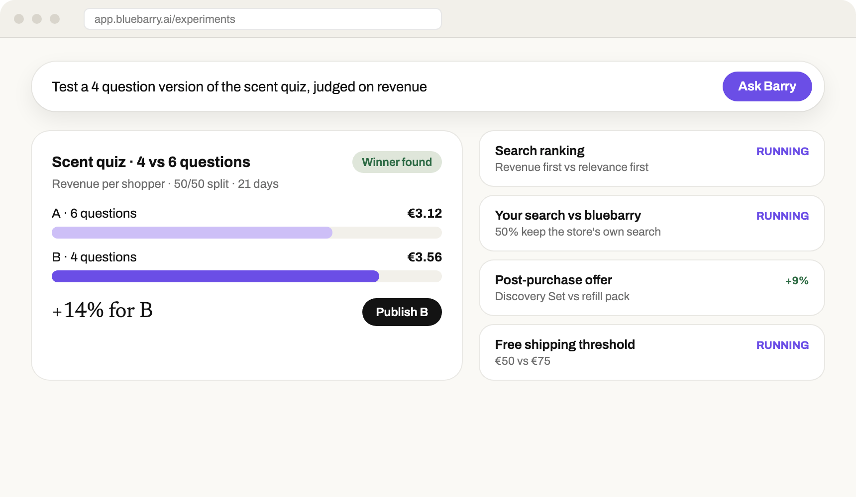 The bluebarry experiments page with a quiz test that found a winner and four running tests