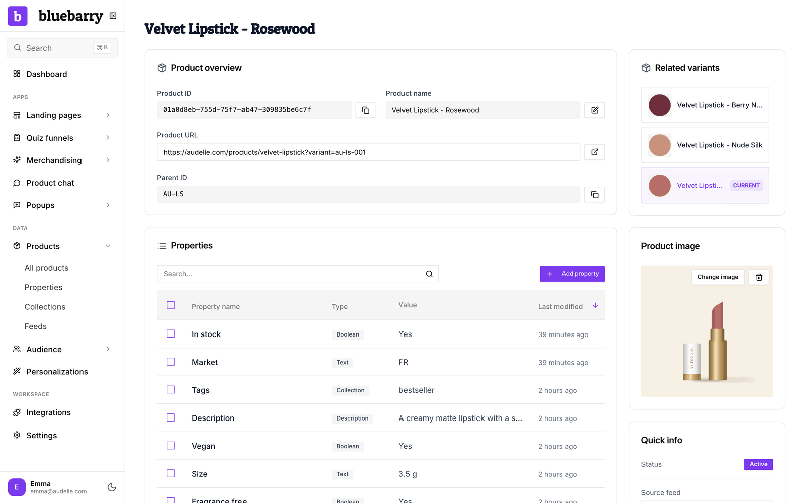 Een productpagina in Studio met Product overview, Properties, Related variants, Product image en Quick info