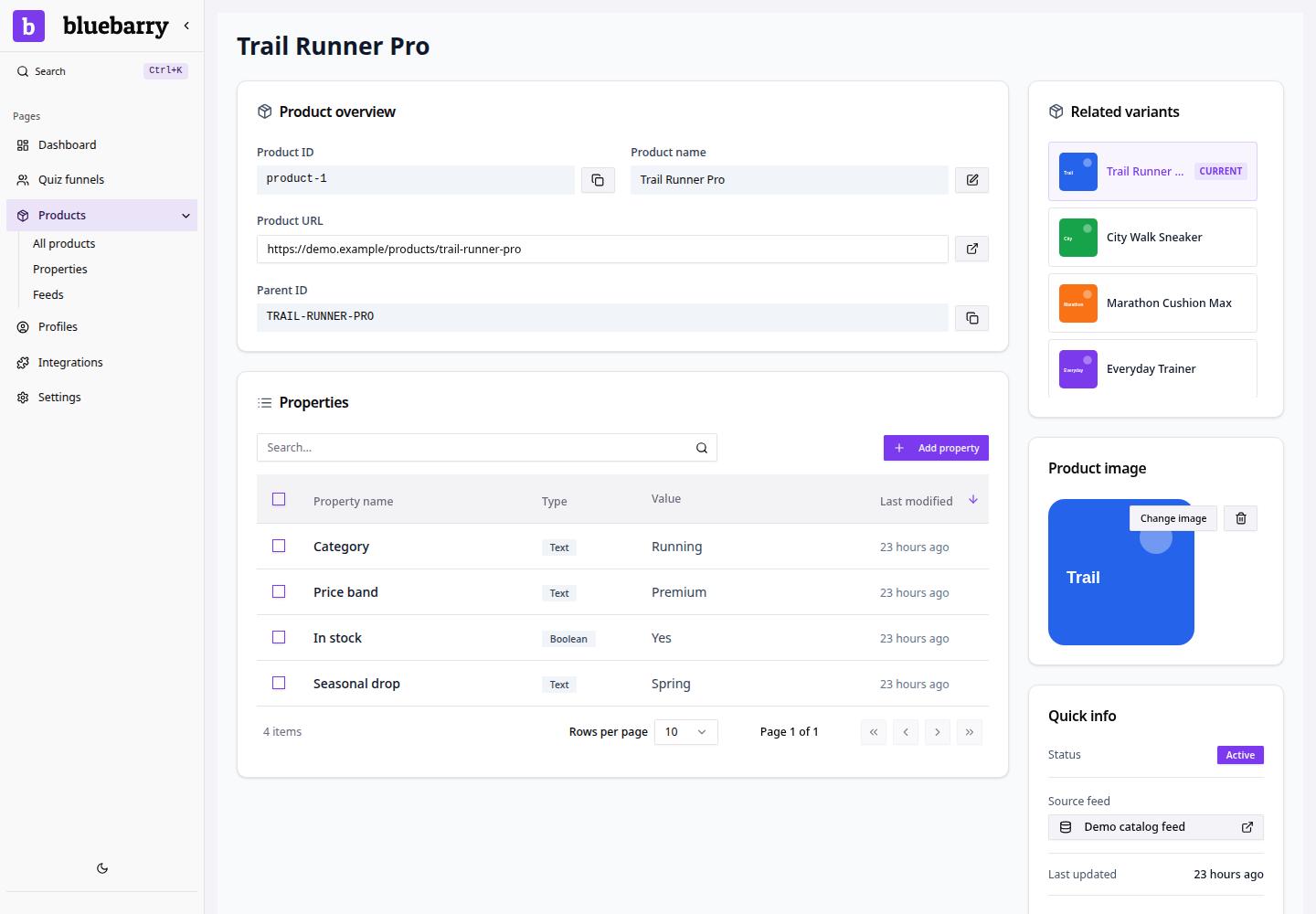Product detail screen with overview fields, properties, image, and quick info.