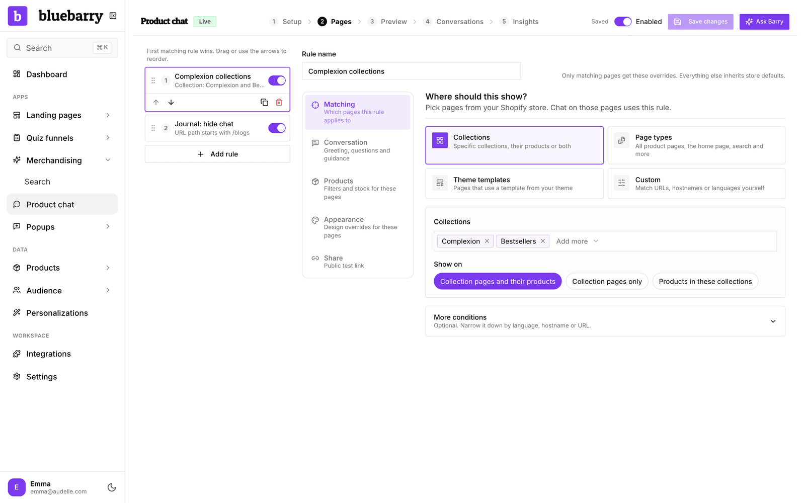 Der Schritt Pages mit zwei Seitenregeln in der Liste und der Auswahl Where should this show? für Shopify-Kollektionen