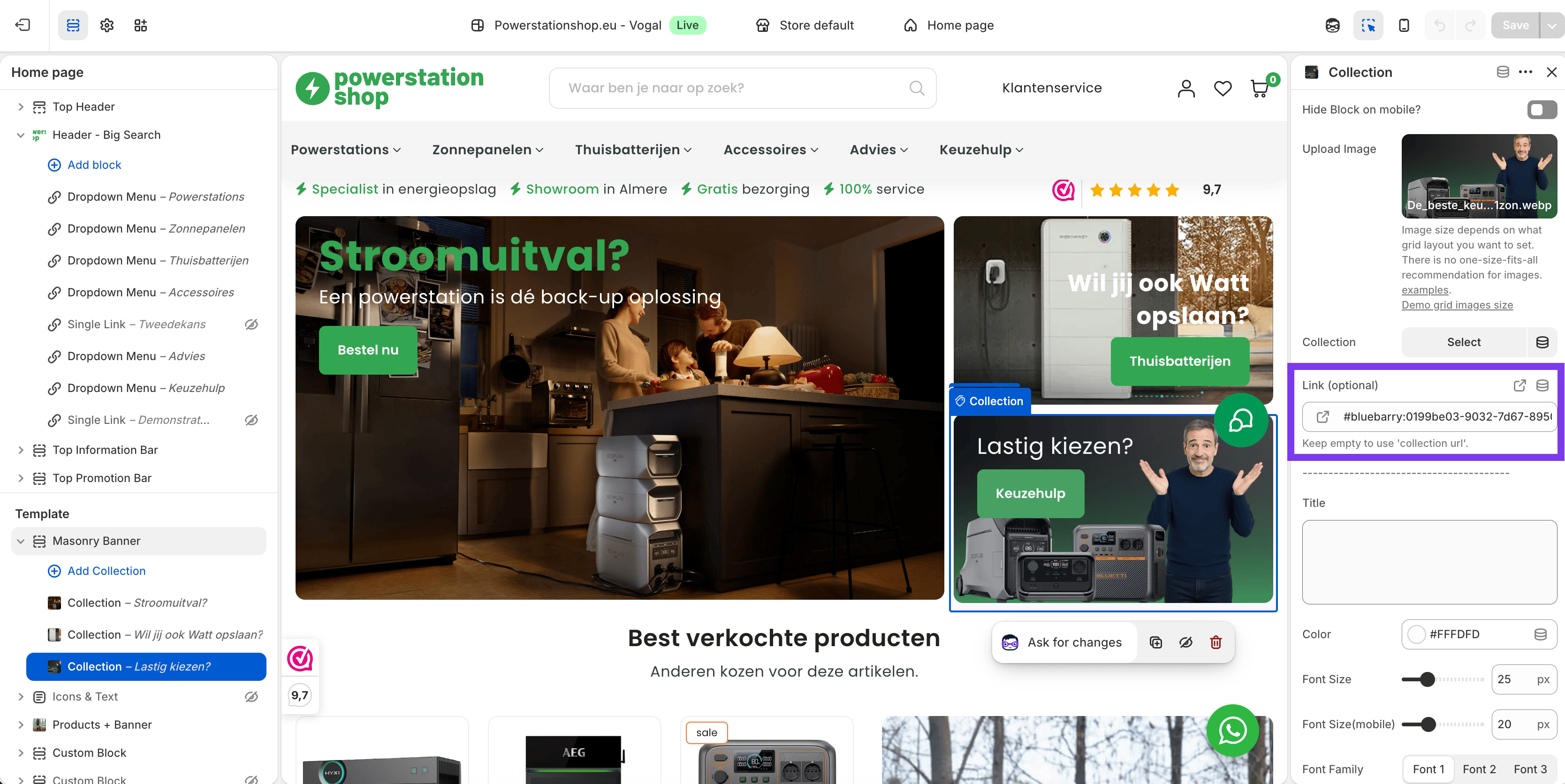 Shopify-thema-editor met een banner geselecteerd en de quizlink in het veld Link geplakt
