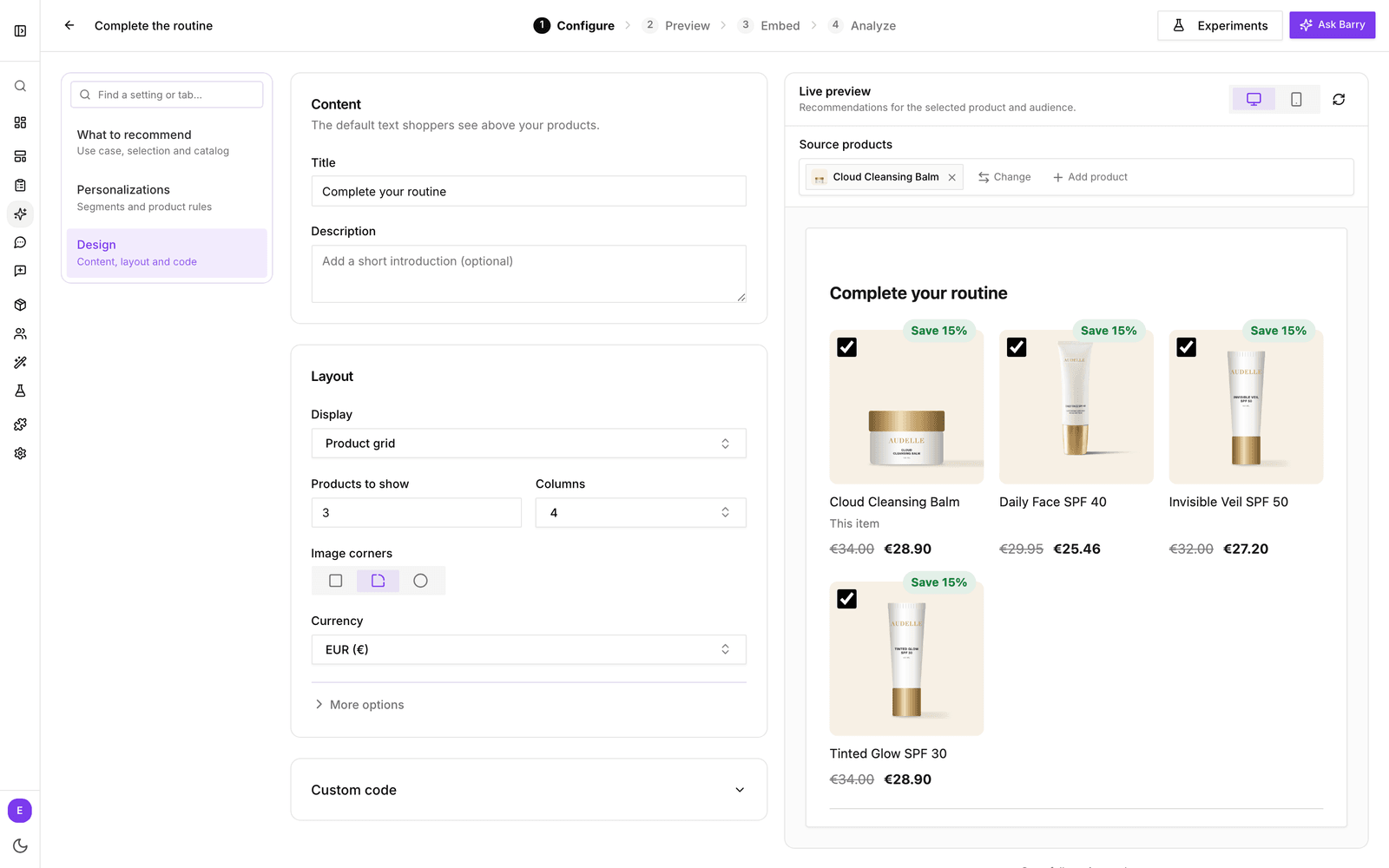 The Design section of a recommendation block with Title, Description, Display, Products to show, Columns and Image corners, and the live preview on the right