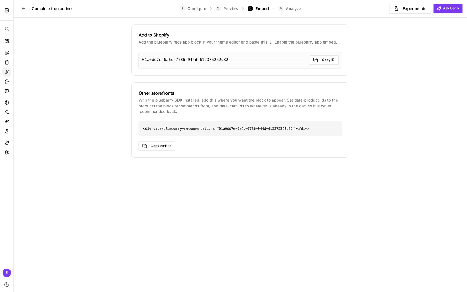 The Embed step of a recommendation block with the block ID and a Copy ID button under Add to Shopify, and an embed snippet under Other storefronts