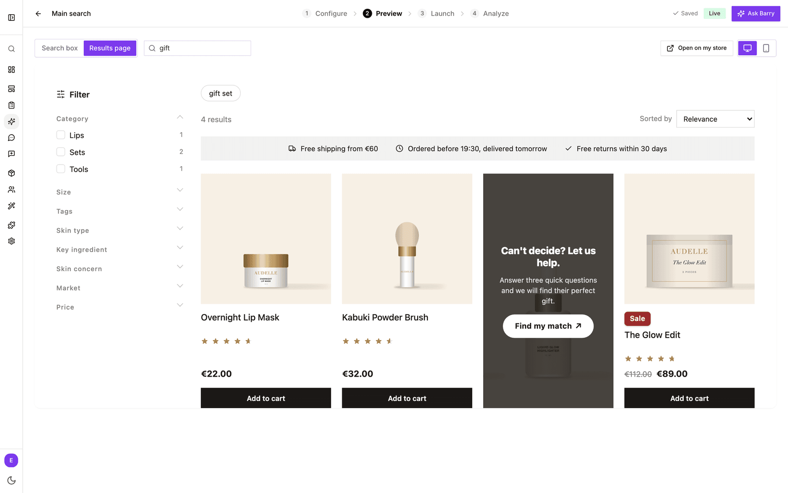 Search results for gift with a quiz card in the product grid that says Can't decide? Let us help. and a Find my match button