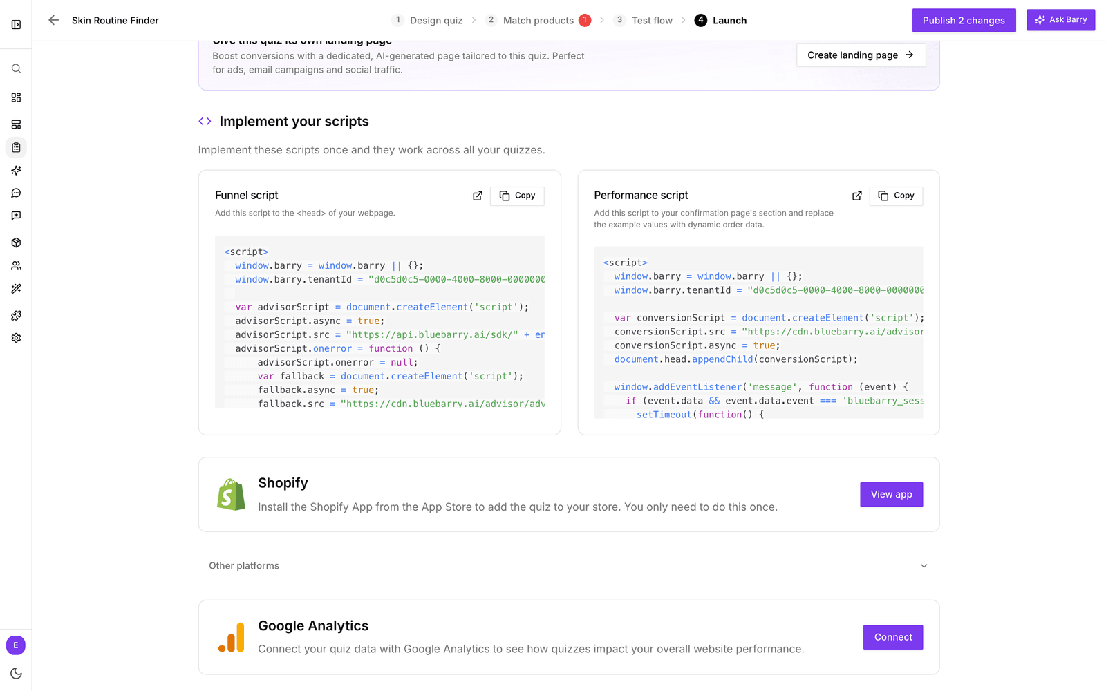 Het onderdeel Implement your scripts op de Launch-tab met het Funnel script en het Performance script