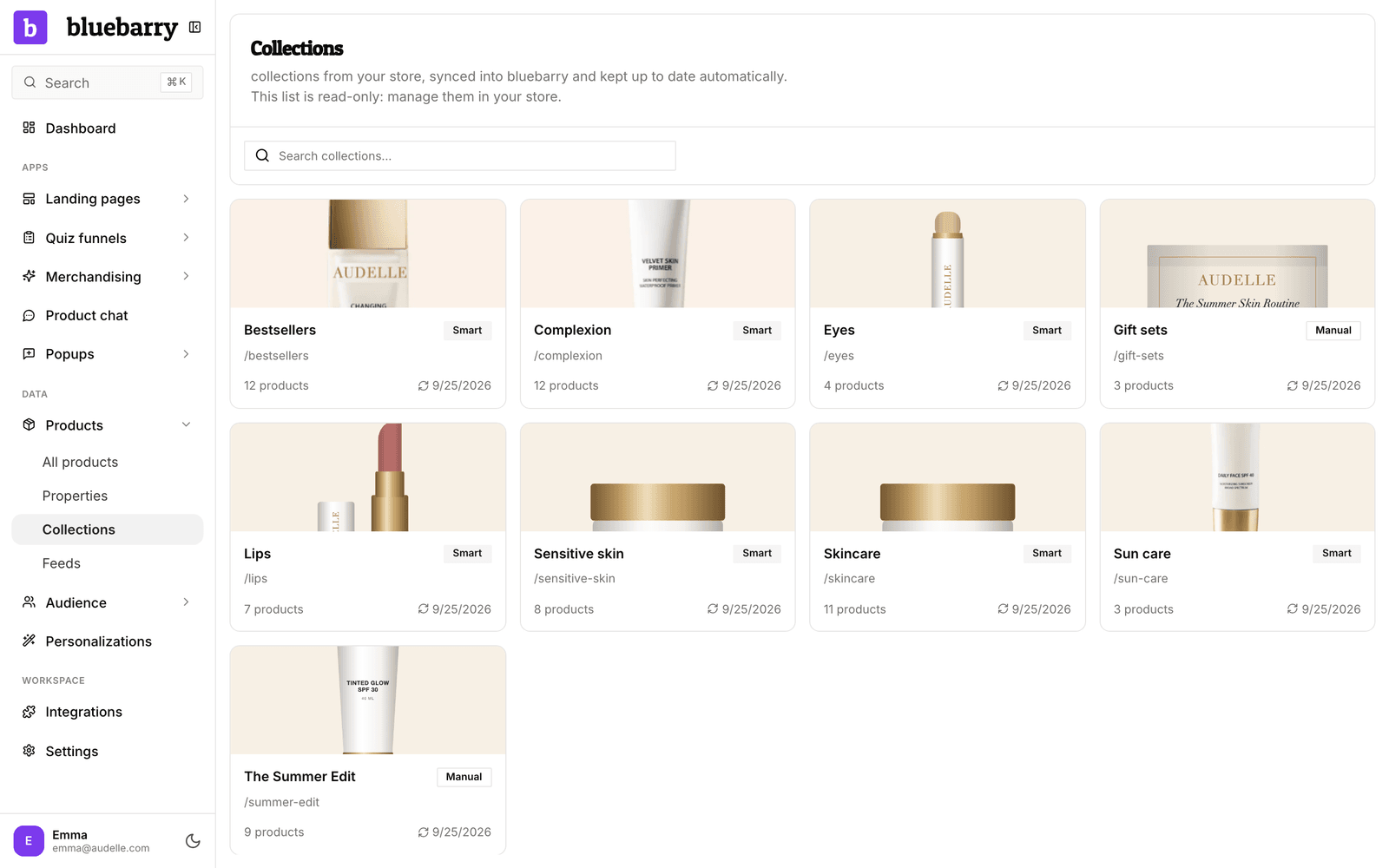 Die Seite Collections mit einem Raster aus Kollektionskarten mit Bildern, Namen, Produktanzahl und letzter Synchronisierung.