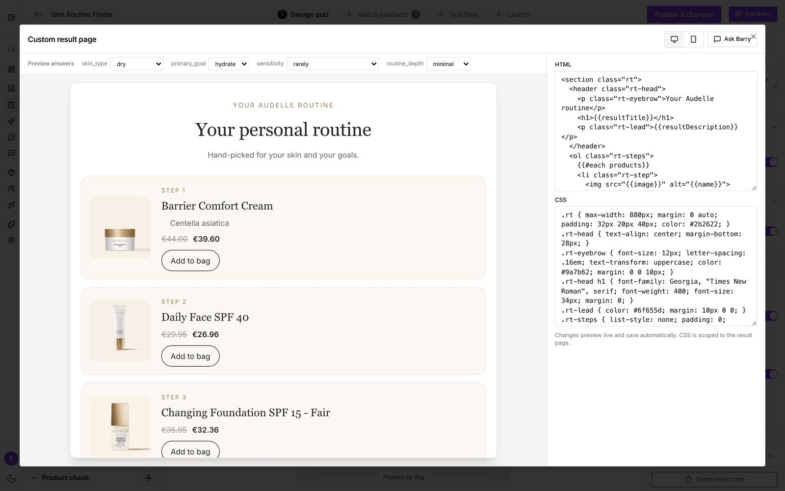 Der Editor für die eigene Ergebnisseite mit geöffnetem Show code: rechts die Felder HTML und CSS, links die Live-Vorschau