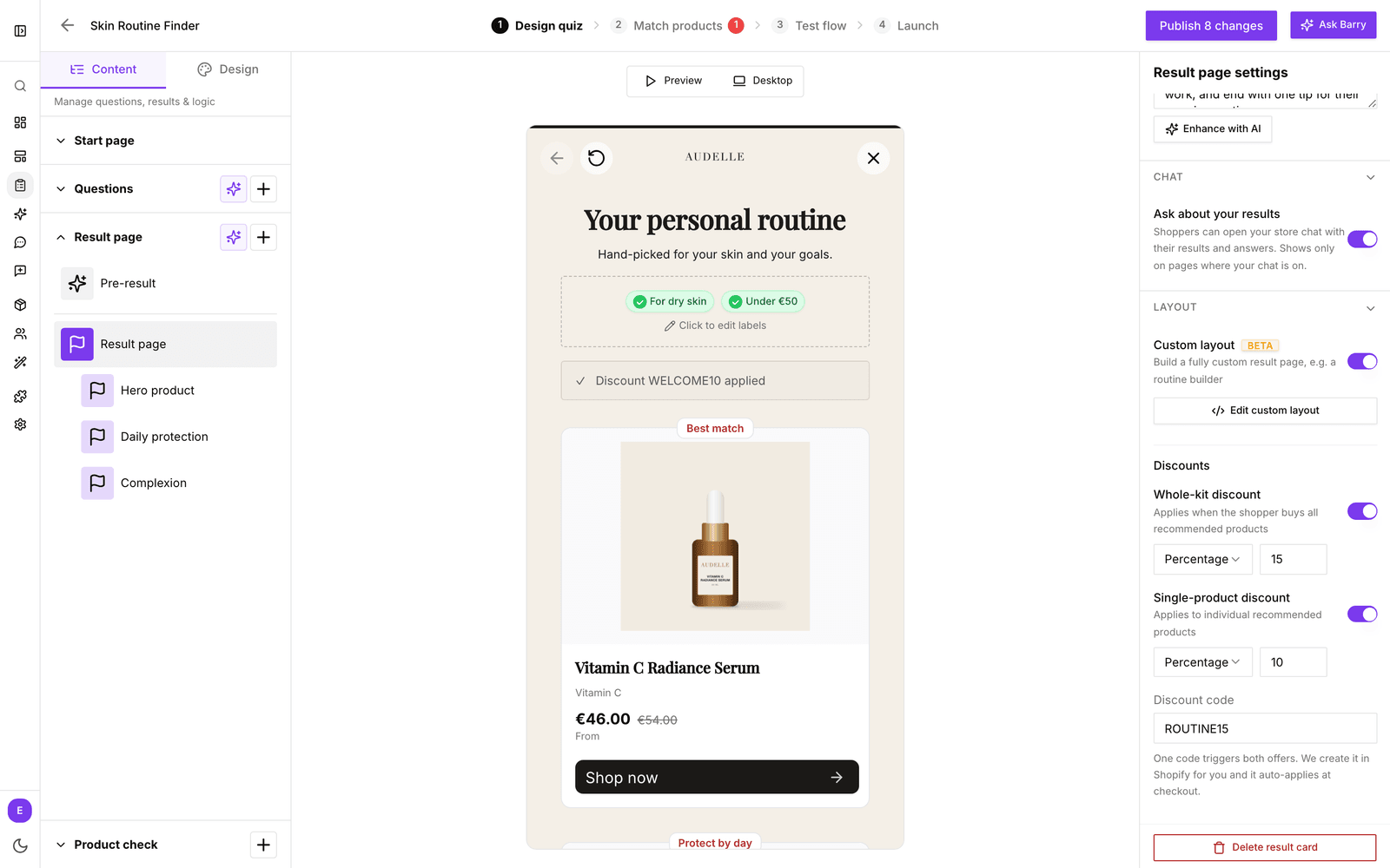 Result page settings mit eingeschaltetem Custom layout, dem Button Edit custom layout und dem Bereich Discounts mit einem Rabatt fürs ganze Set und einem pro Produkt