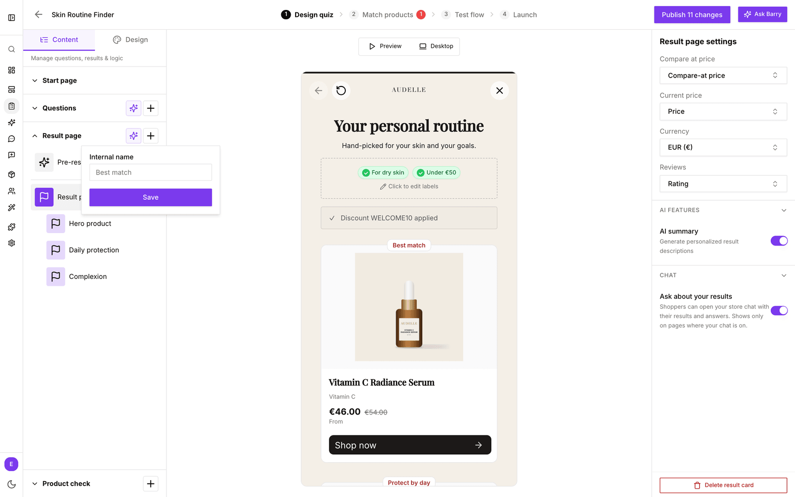 Der Tab Design quiz mit geöffnetem Bereich Result page, dem Feld Internal name für eine neue Karte und dem Platzhalter Click to add result in der Vorschau