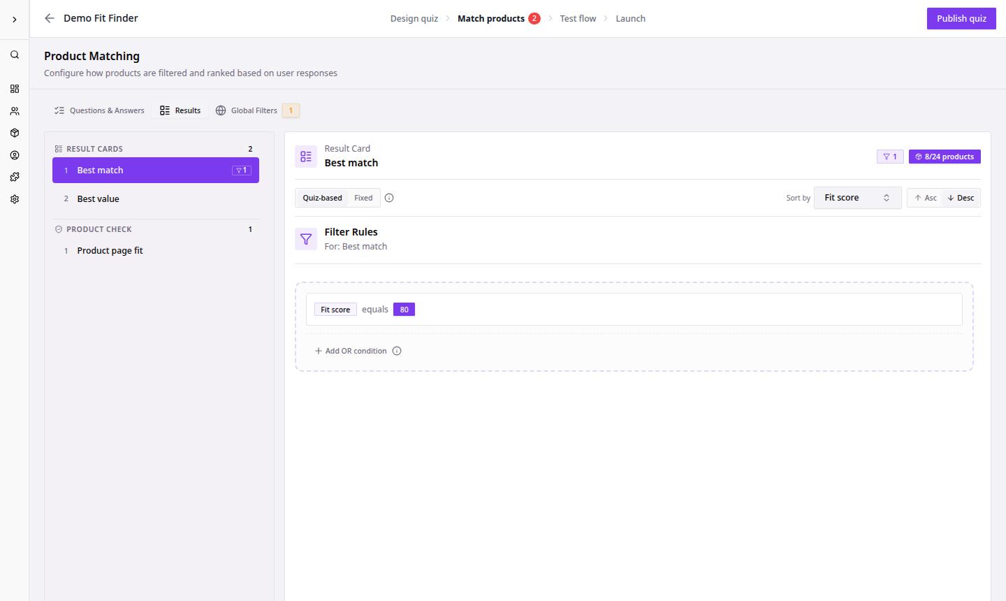 Result card settings with card list and filter rules.