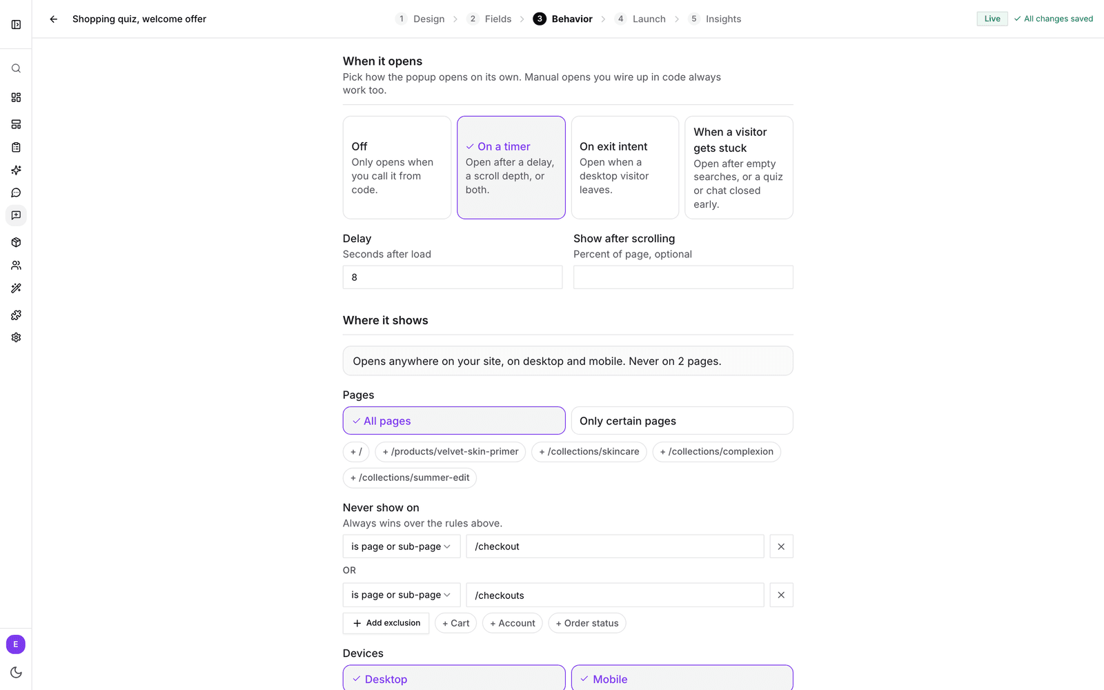 The Behavior tab with On a timer selected, an 8 second delay, and Where it shows with Checkout added under Never show on