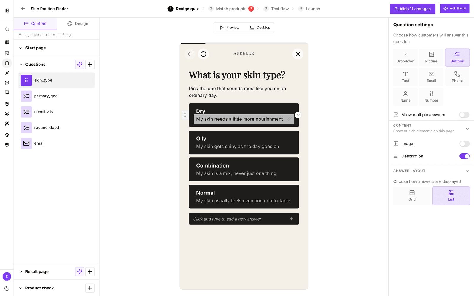 Een vraag van het type Buttons in de quizeditor met drie antwoorden en daaronder het veld Click and type to add a new answer